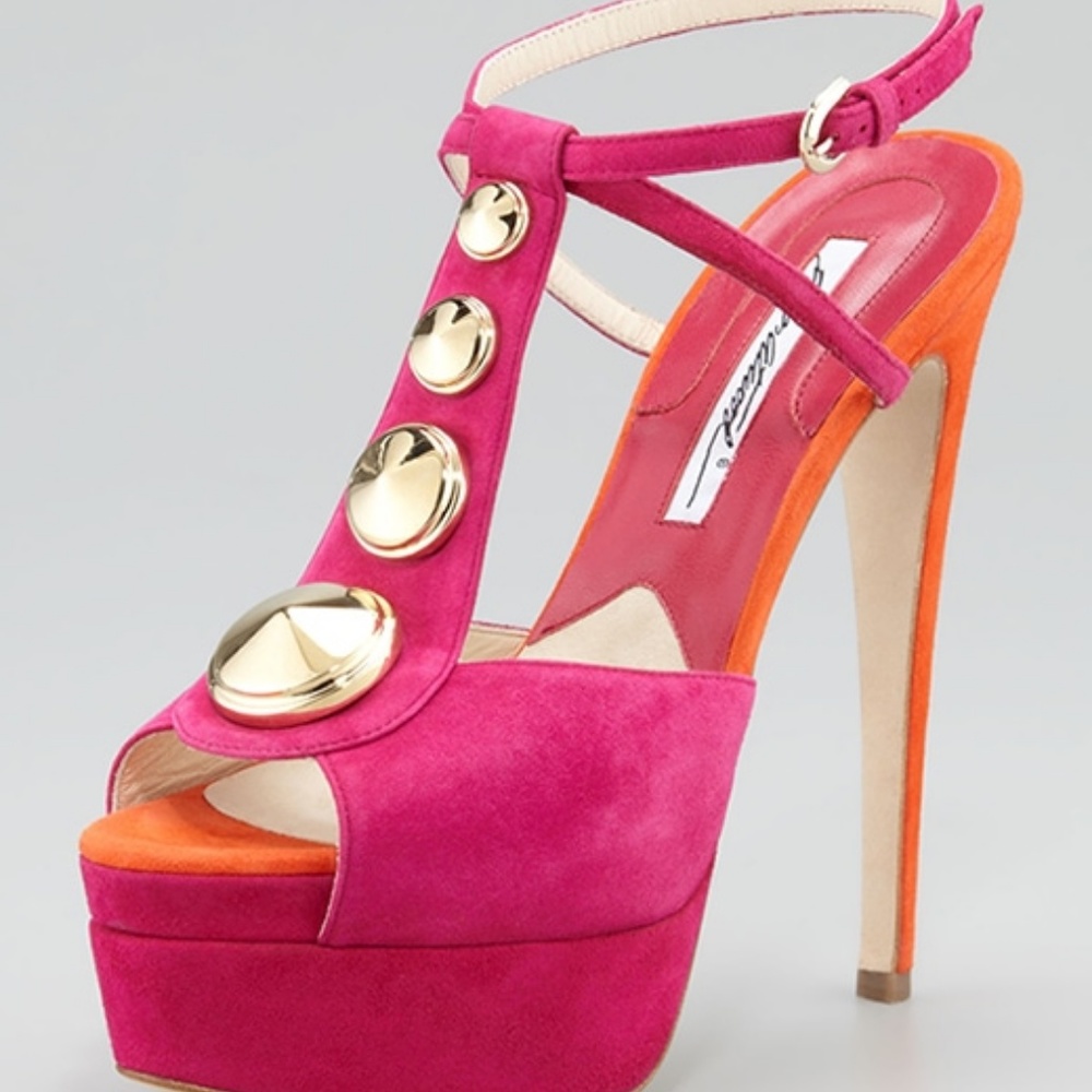Brian Atwood Suede Platform Pumps Pink Orange Gold